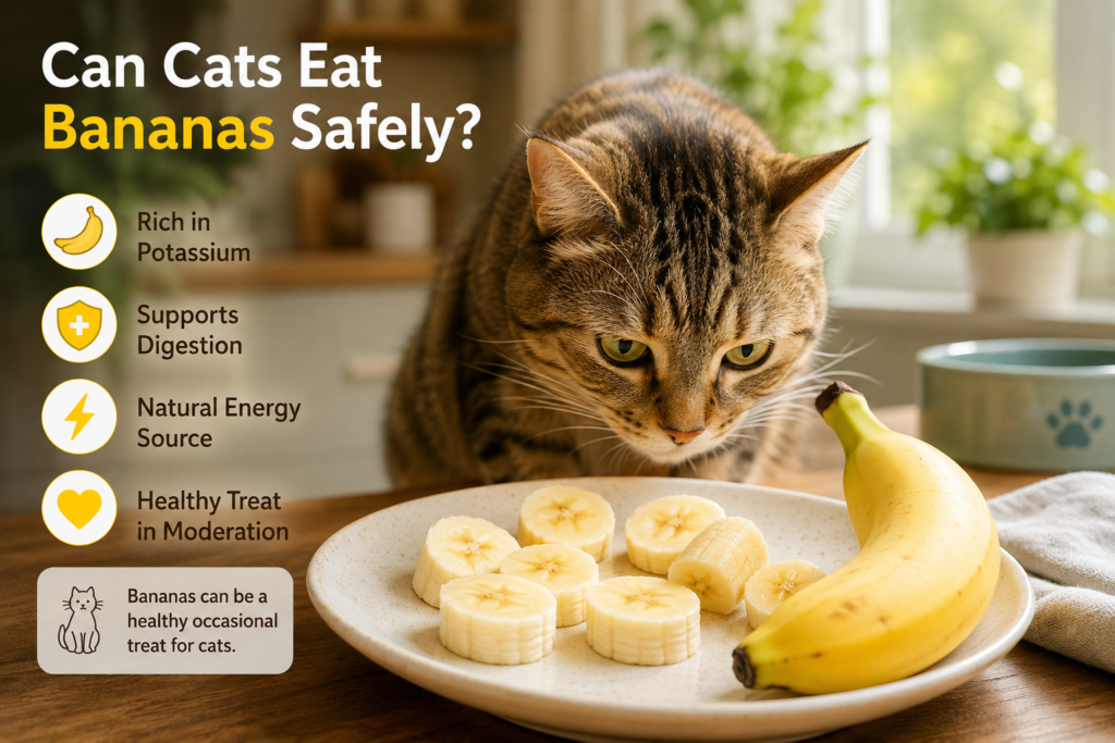 "A curious tabby cat sniffing a fresh yellow banana with its owner's hand nearby, representing safe treat-giving practices"