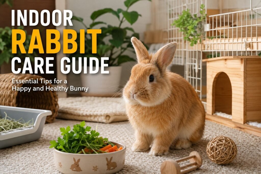 Spacious indoor rabbit enclosure with hide boxes, hay rack, litter box, and enrichment toys set up on flooring
