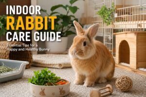 Spacious indoor rabbit enclosure with hide boxes, hay rack, litter box, and enrichment toys set up on flooring