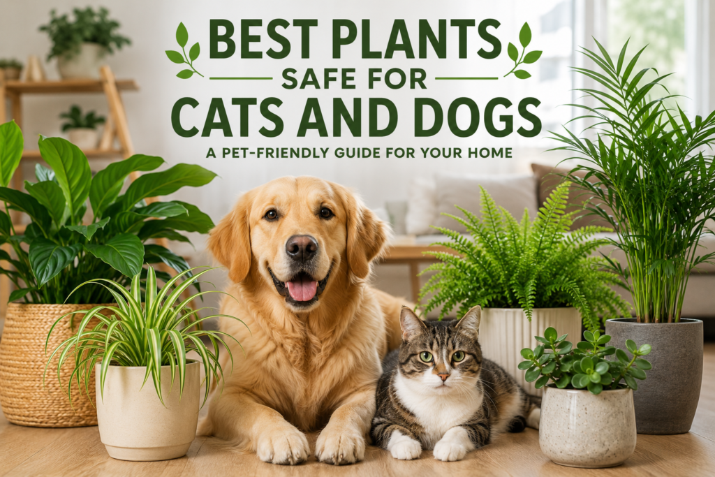 A happy cat sitting beside pet-safe houseplants like a spider plant and Boston fern in a bright living room