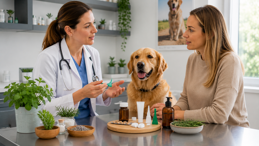 Dog owner evaluating natural and conventional flea prevention options