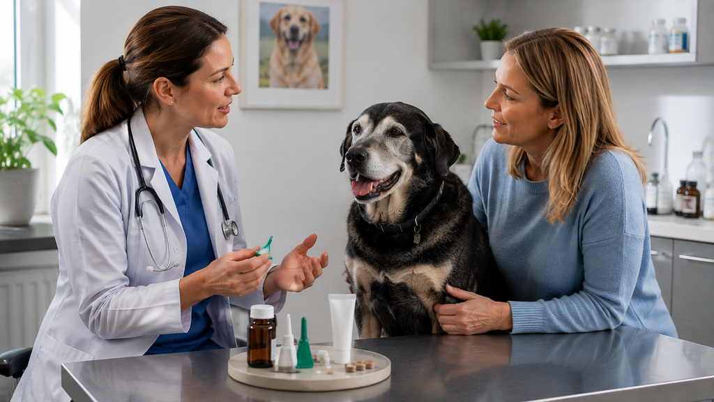 Veterinarian discussing parasite prevention for a senior dog
