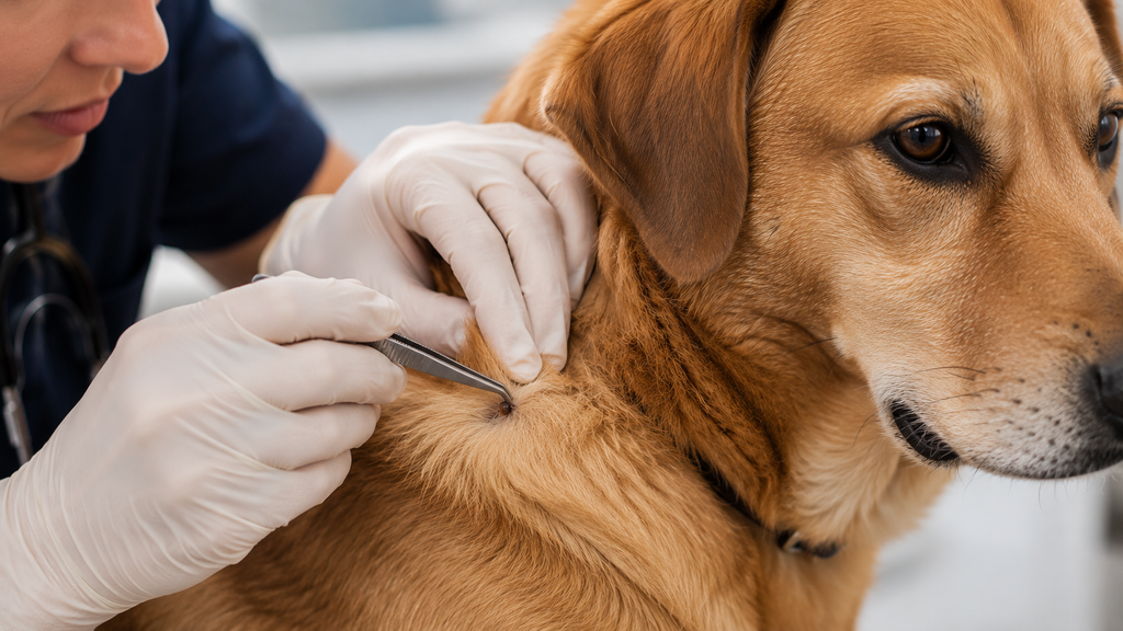 Veterinarian demonstrating safe tick removal from a dog