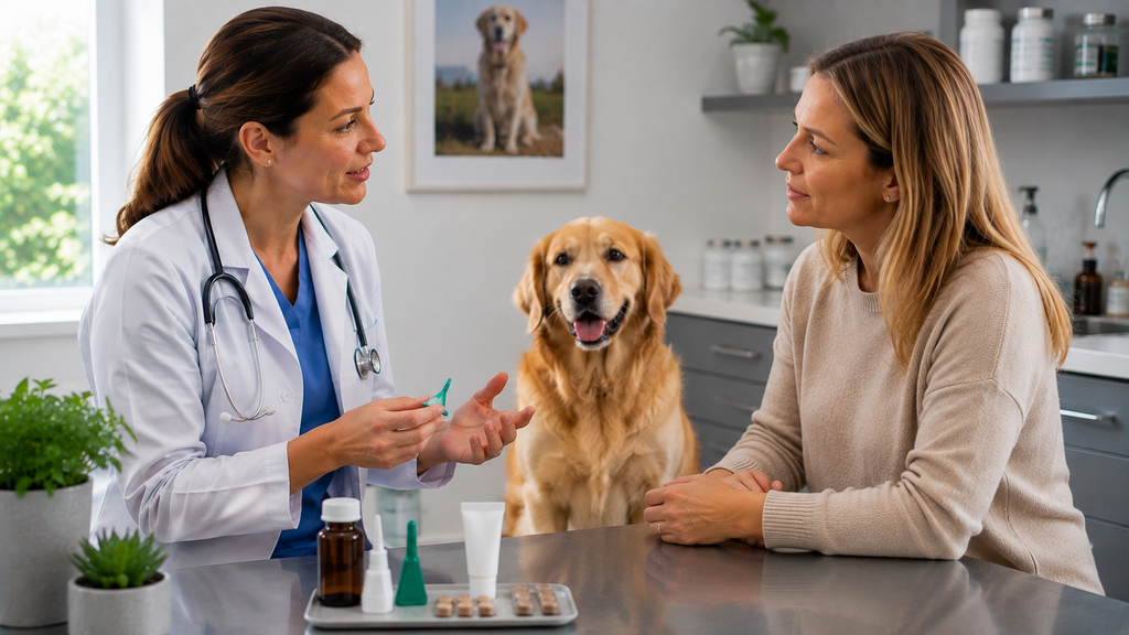 Veterinarian helping dog owner choose parasite prevention