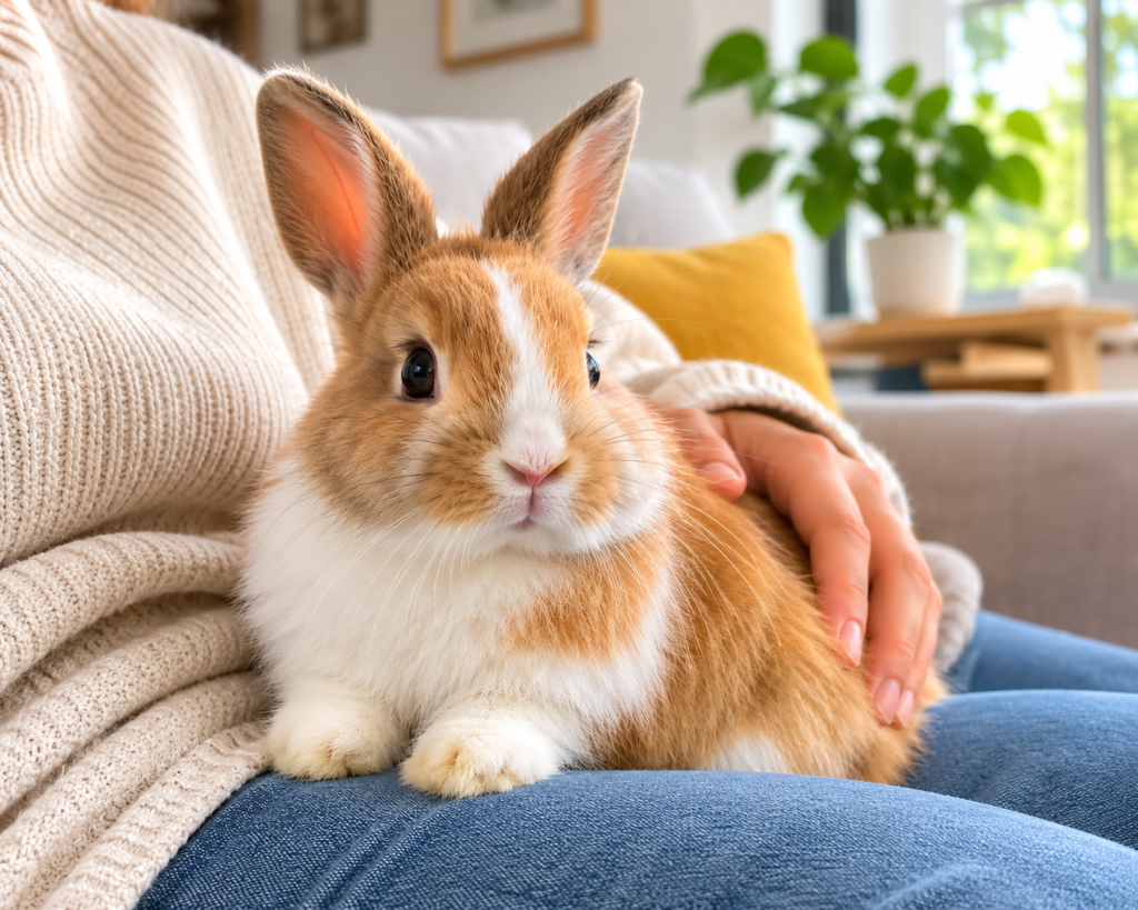 Pet rabbit sitting calmly on owner's lap indoors