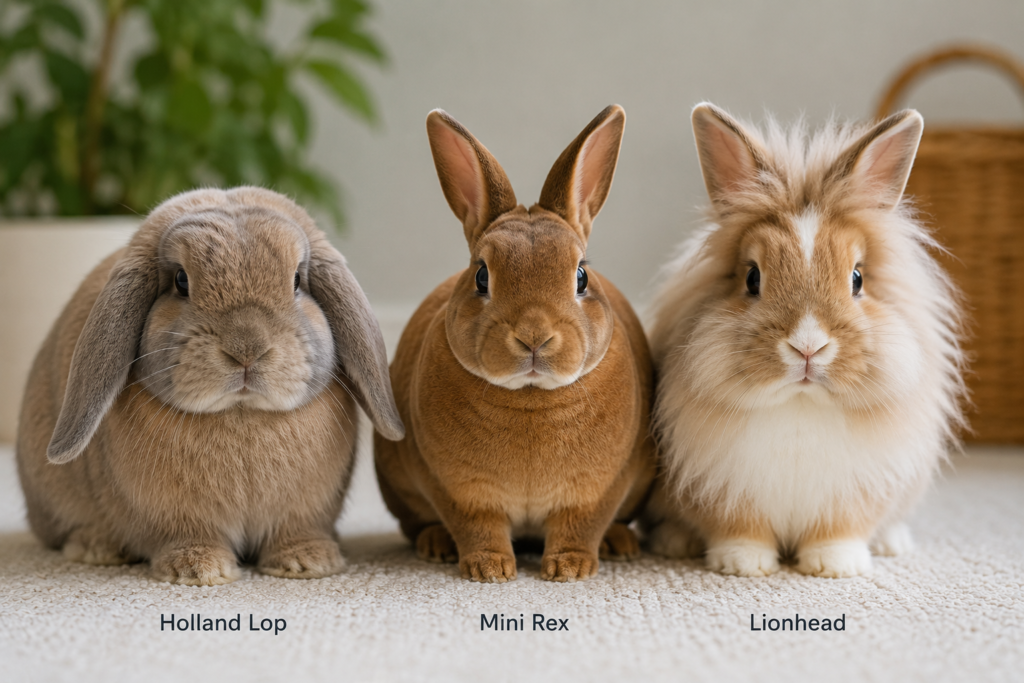 Three different rabbit breeds sitting together indoors
