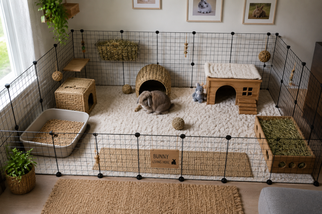Spacious indoor rabbit habitat setup with hiding box and hay rack