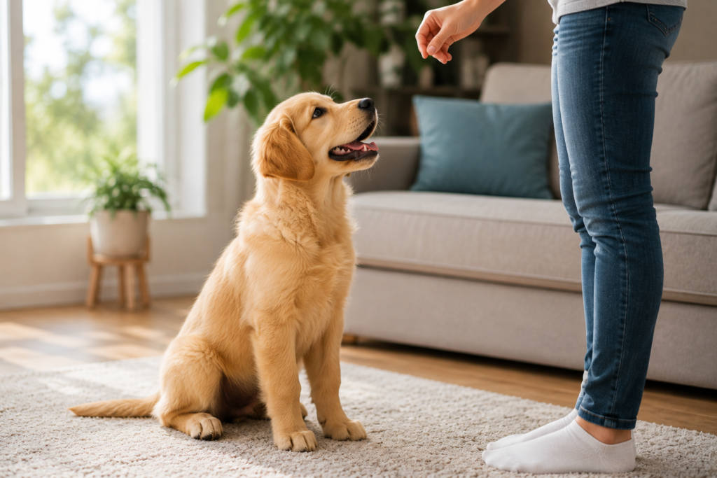 puppy training tips for beginners showing well behaved puppy