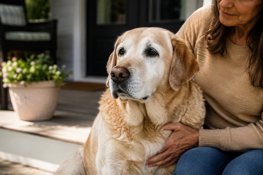 Senior Labrador retriever sitting with its owner, representing pet insurance for senior dogs