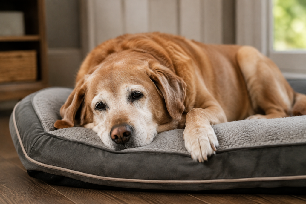 Older dog resting on an orthopedic bed, illustrating senior dog health insurance considerations
