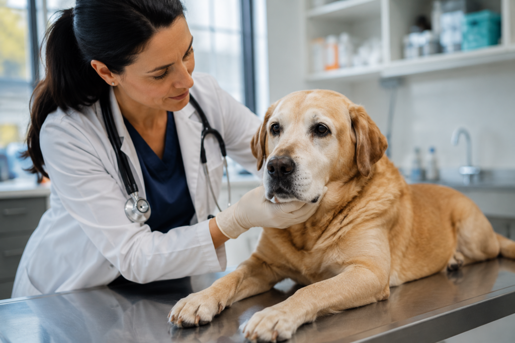 Veterinarian examining a senior dog, representing what pet insurance for older dogs typically covers