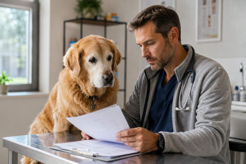 Owner hugging a senior dog at home, representing whether pet insurance is worth it for older dogs