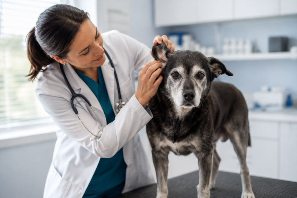 Senior dog being examined by a veterinarian during a wellness visit
