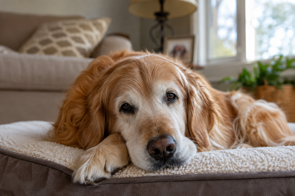 Senior dog with a gray muzzle resting at home