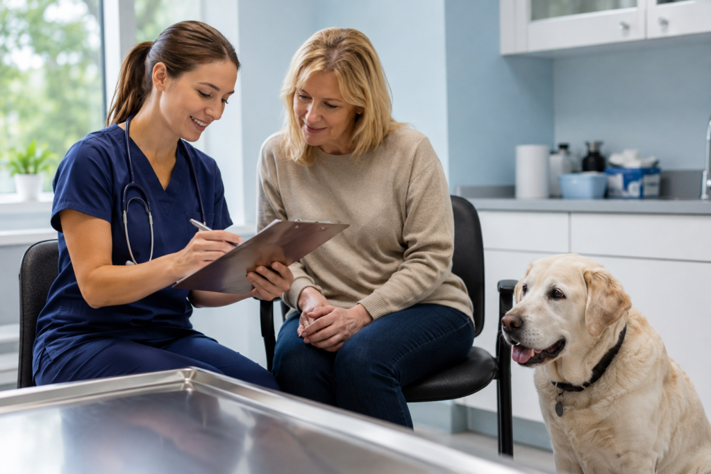 Veterinarian discussing coverage details with a senior dog's owner