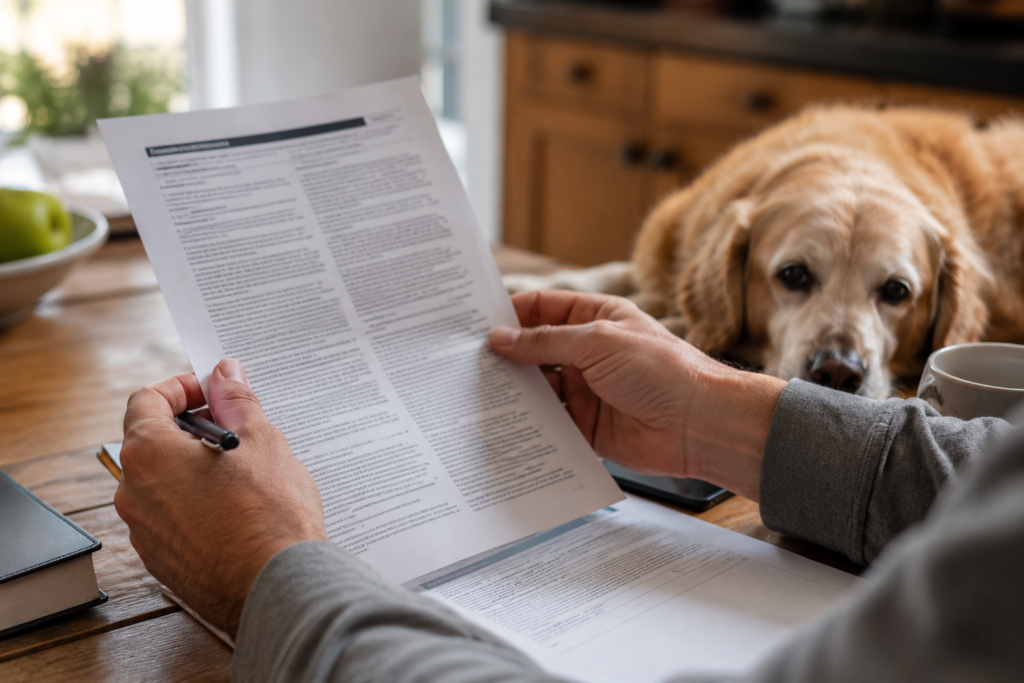 Person reviewing a pet insurance policy document at home