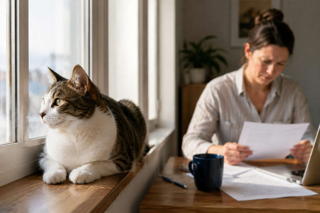 Cat resting on a sunny windowsill while its owner reviews documents at home