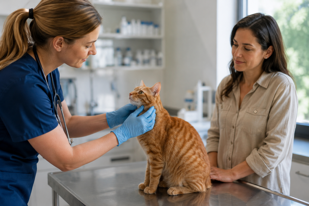 Veterinarian examining an orange tabby cat during a clinic visit
