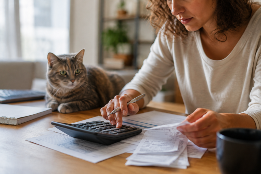 Person calculating a veterinary bill reimbursement at a home desk