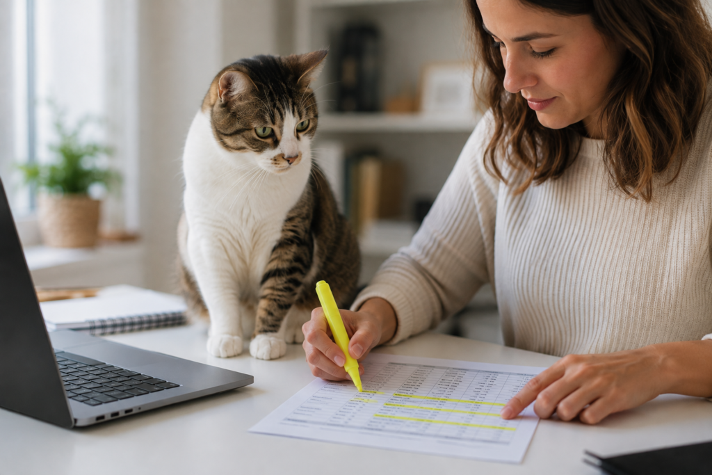 Person reviewing a printed insurance comparison checklist near a cat Image Title: Checklist for choosing cat insurance