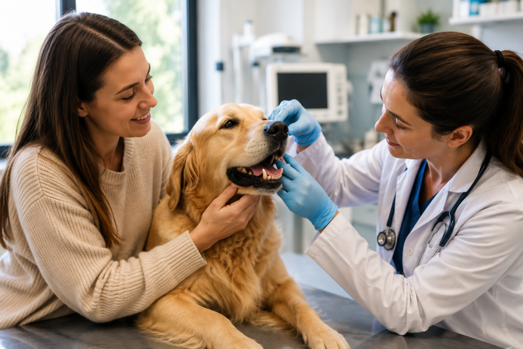 Veterinarian examining a dog's teeth during a dental checkup with the owner present