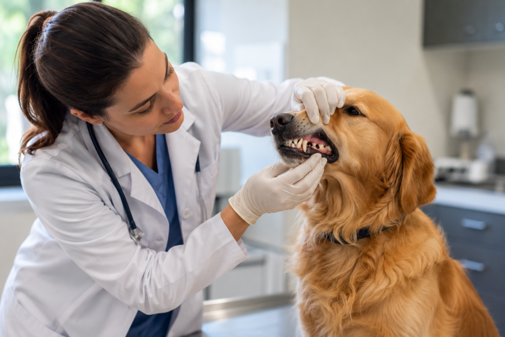 Veterinarian examining a dog's teeth and gums during an oral health checkup