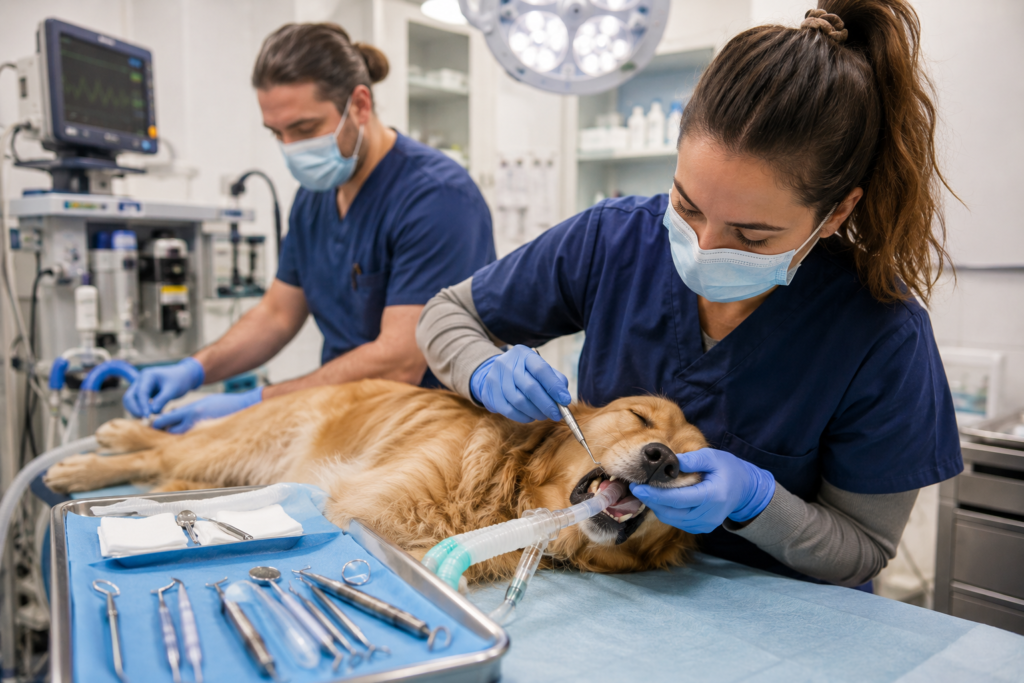 Veterinary team preparing dental instruments for a dog's dental procedure