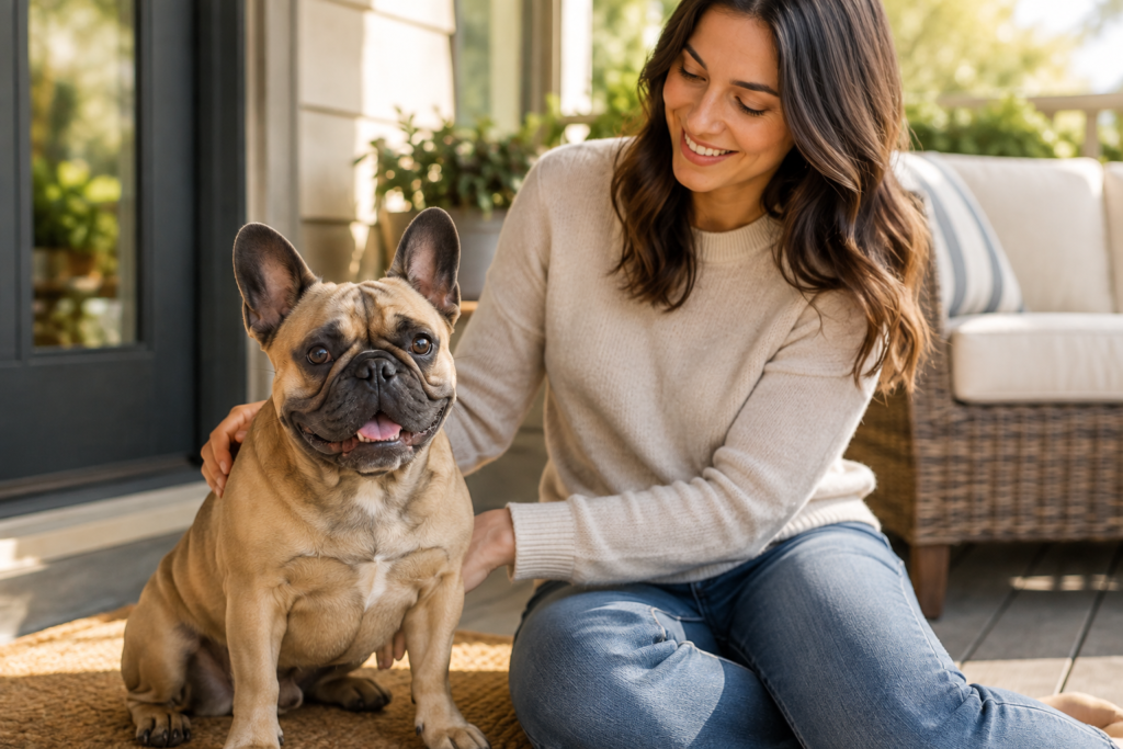 French Bulldog sitting with its owner at home, representing responsible pet ownership and health coverage