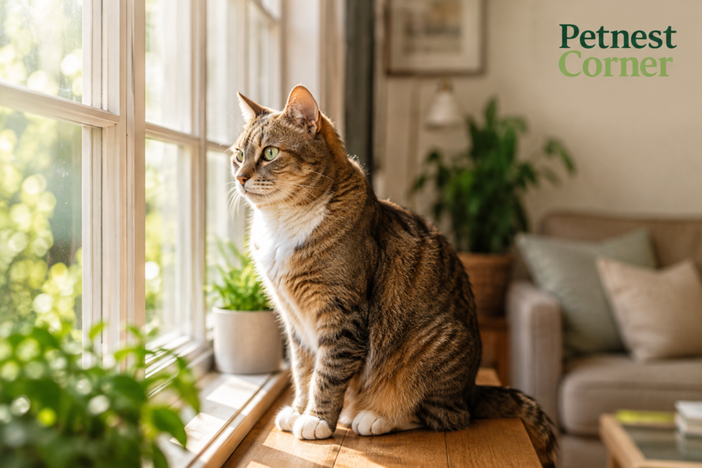 Senior domestic cat sitting calmly by a sunlit window