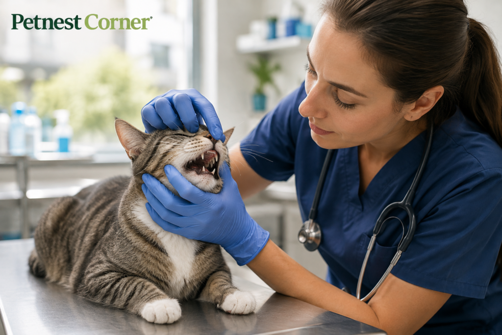 Veterinarian examining a cat's teeth during a dental checkup