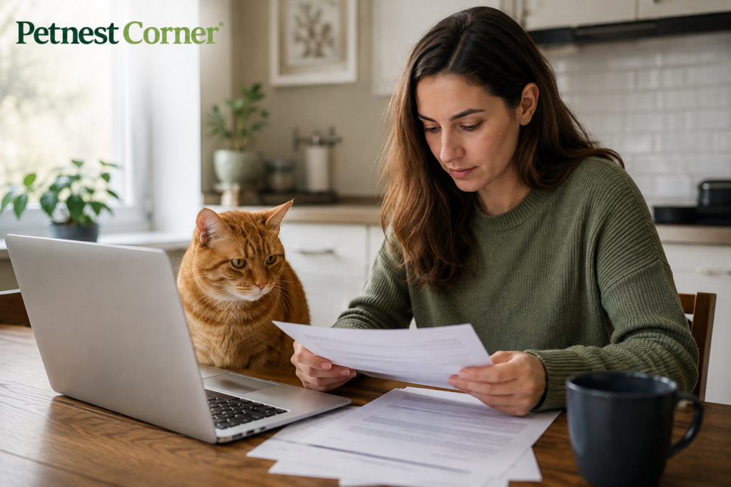 Cat owner reviewing a pet insurance policy at home with her cat nearby