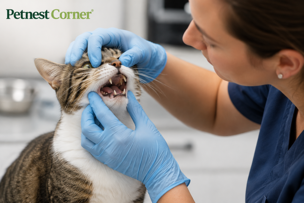 Veterinarian performing an oral examination on a cat