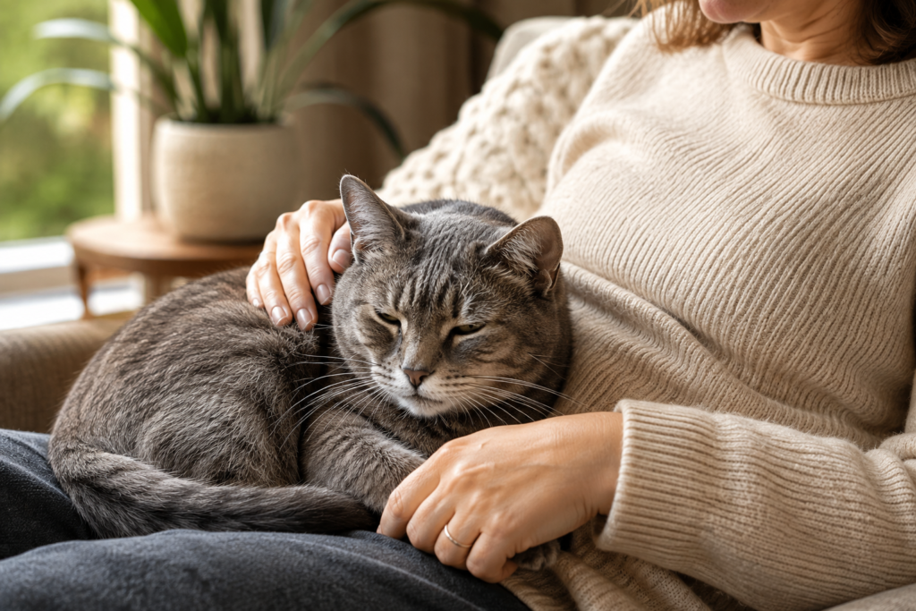Older cat resting on owner's lap while owner considers pet insurance options at home