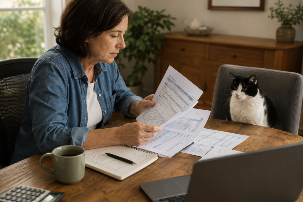 Person comparing printed pet insurance documents at a home desk with a cat nearby