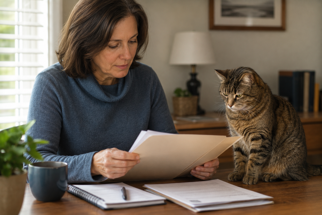 Owner reviewing a cat's veterinary medical history documents at home
