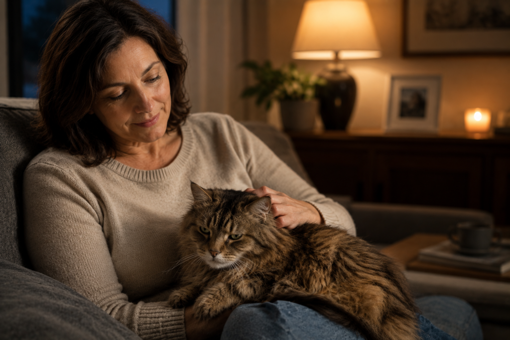 Owner thoughtfully considering pet insurance decision while petting senior cat
