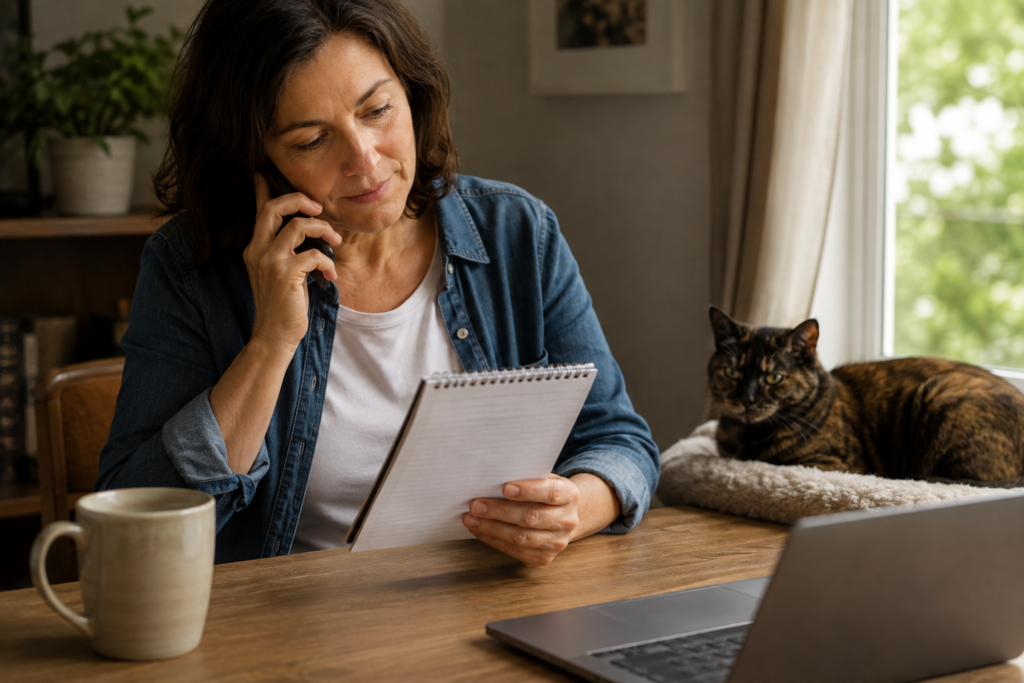 Owner on a phone call asking questions while holding notes and sitting near a senior cat