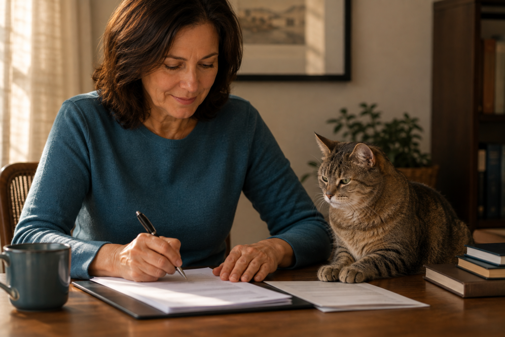 Owner signing pet insurance paperwork with senior cat sitting calmly nearby
