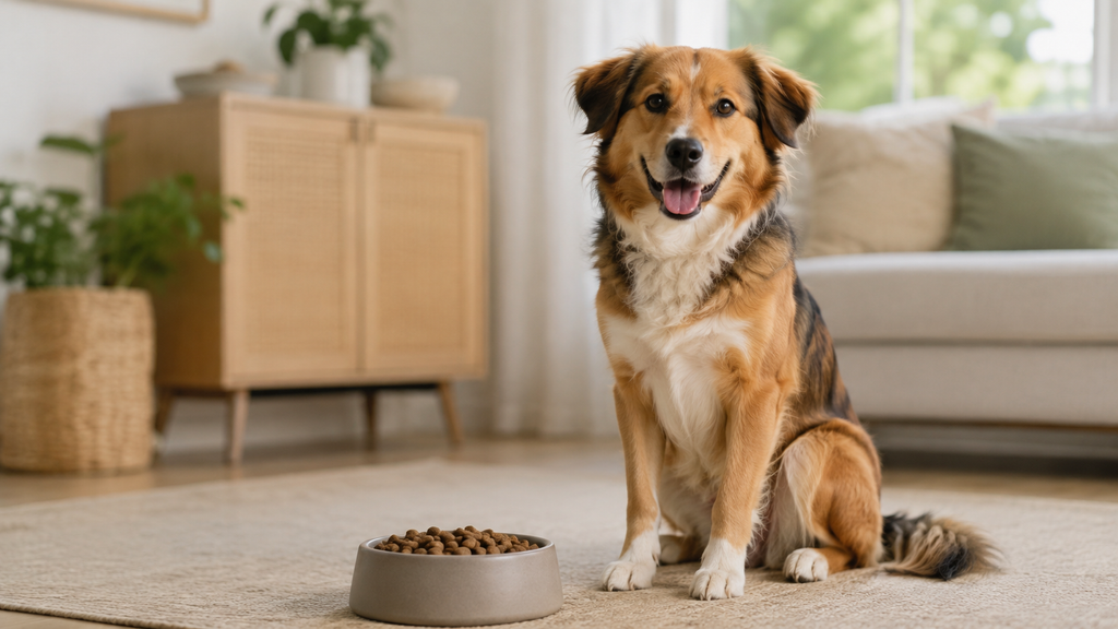 Dog with a sensitive stomach beside a bowl of food