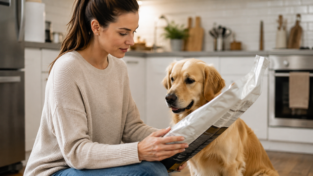 Dog owner checking dog food ingredients before changing diets