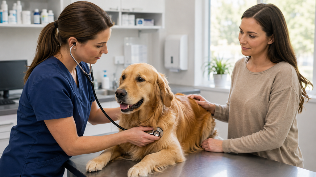 Veterinarian examining a dog with digestive problems