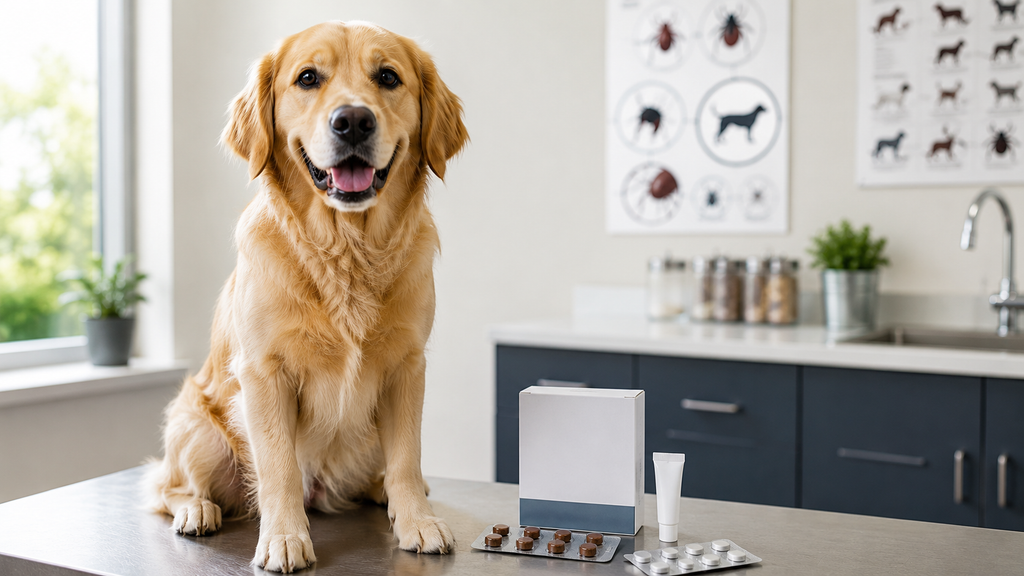 Dog beside a flea and tick prevention setup in a veterinary care setting