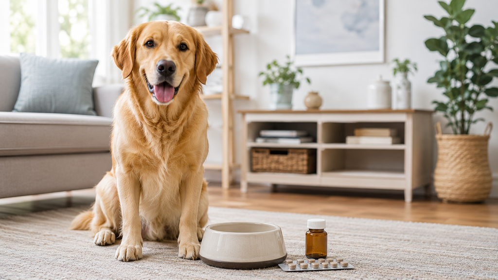 Dog beside a veterinarian-approved oral parasite prevention setup