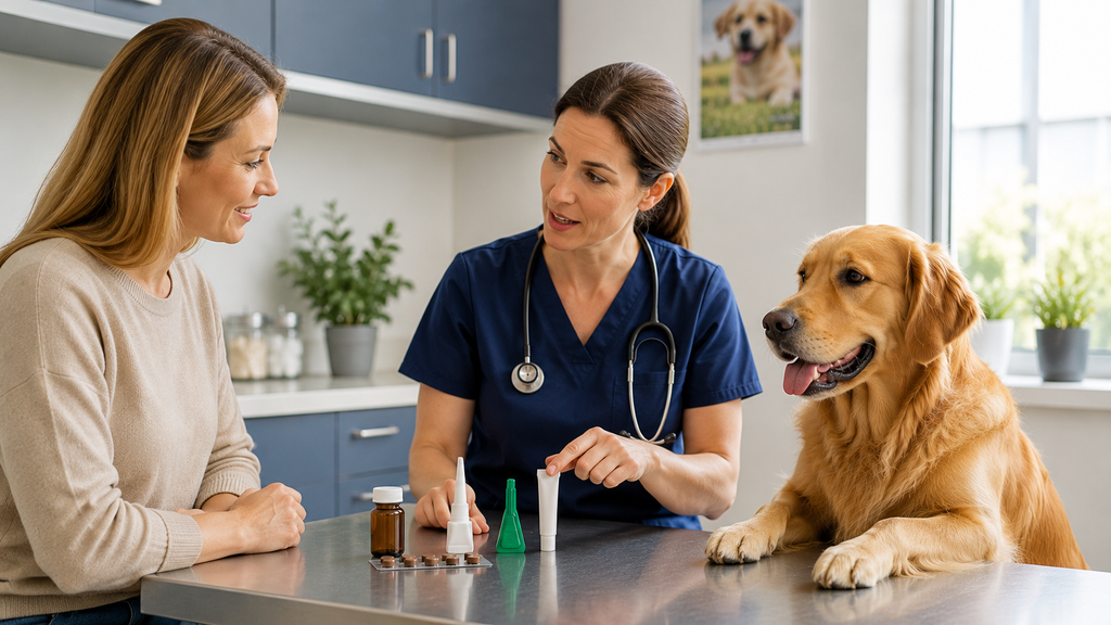 Dog owner discussing flea and tick prevention with a veterinarian