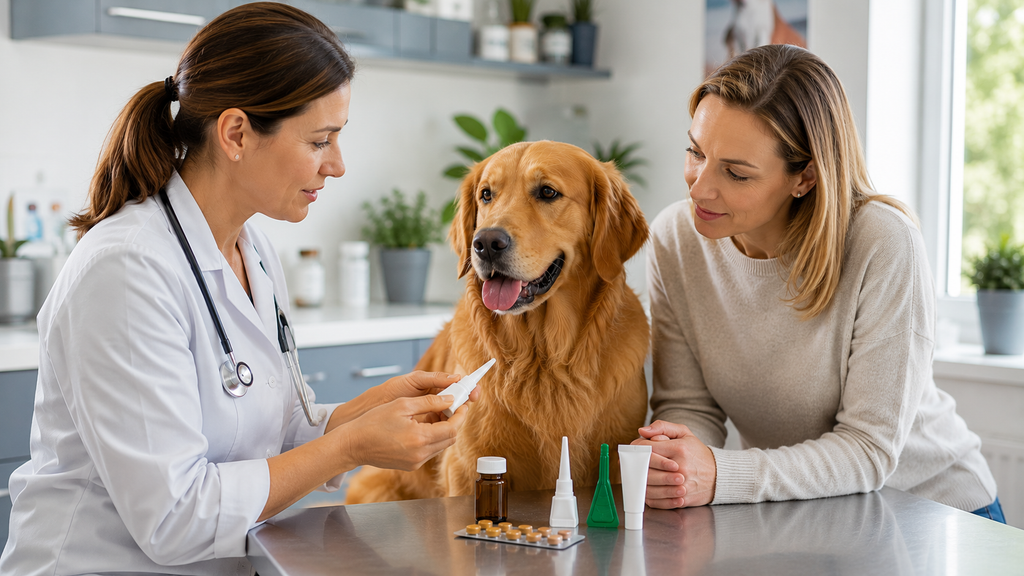 Veterinarian reviewing flea and tick prevention safety with a dog owner